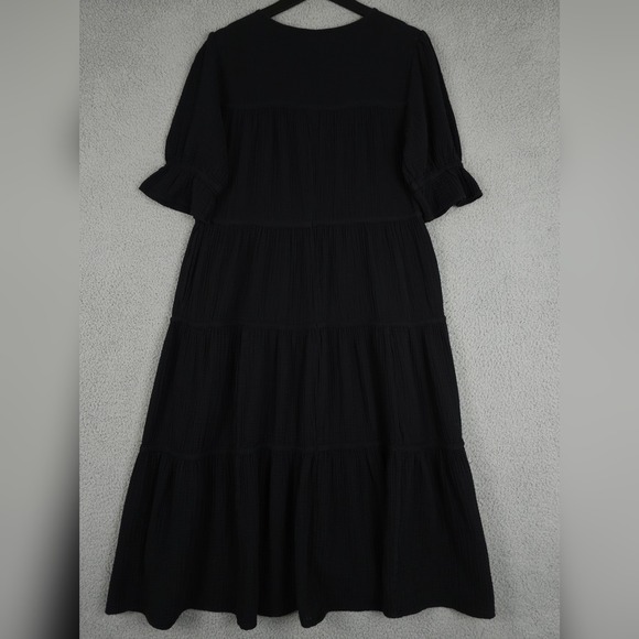 Chicos Dress Womens 2 US 12 Black Gauze Tiered Midi Puff Sleeve Casual Coastal - Picture 2 of 10